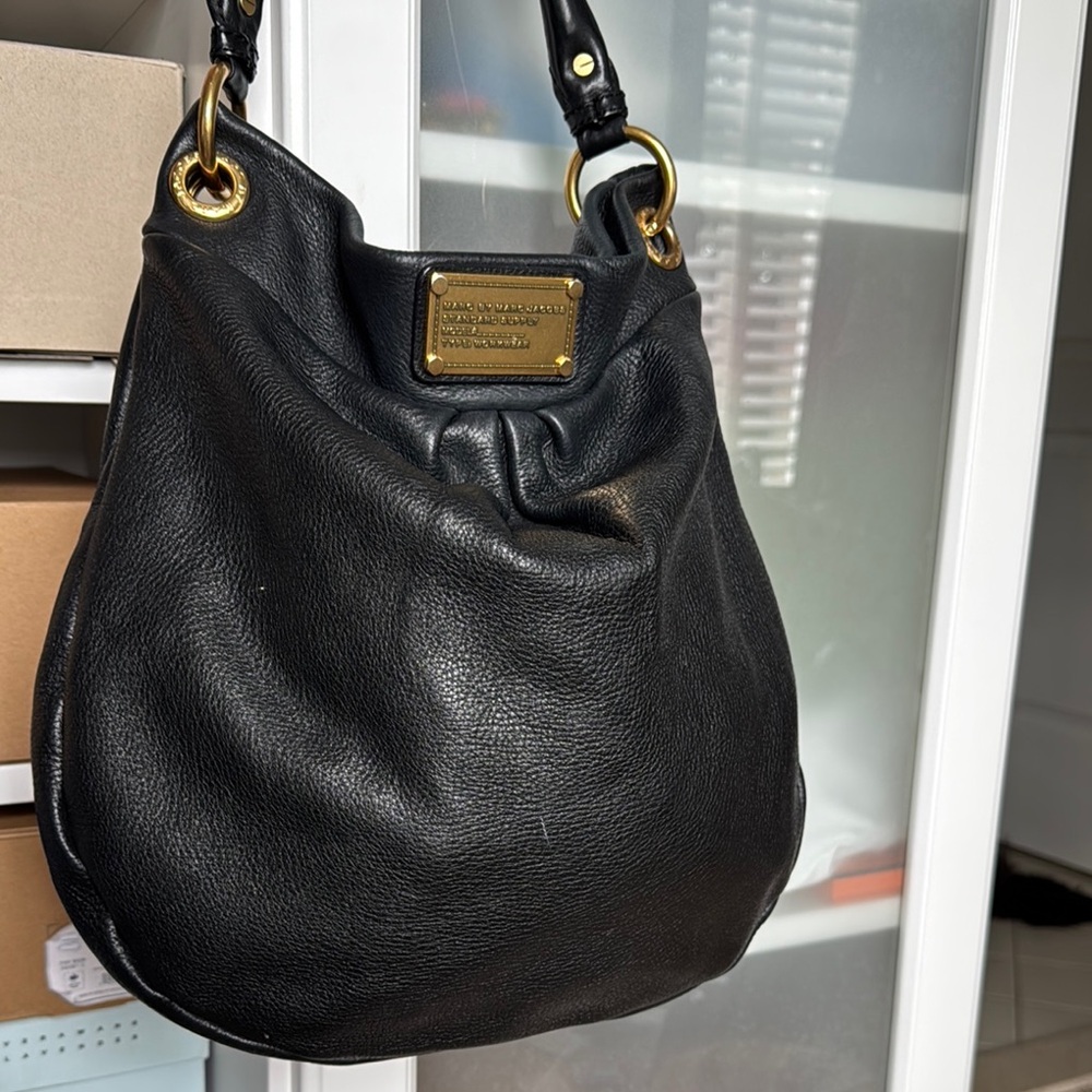 Marc Jacobs Black Leather Hobo Bag with Gold Accents